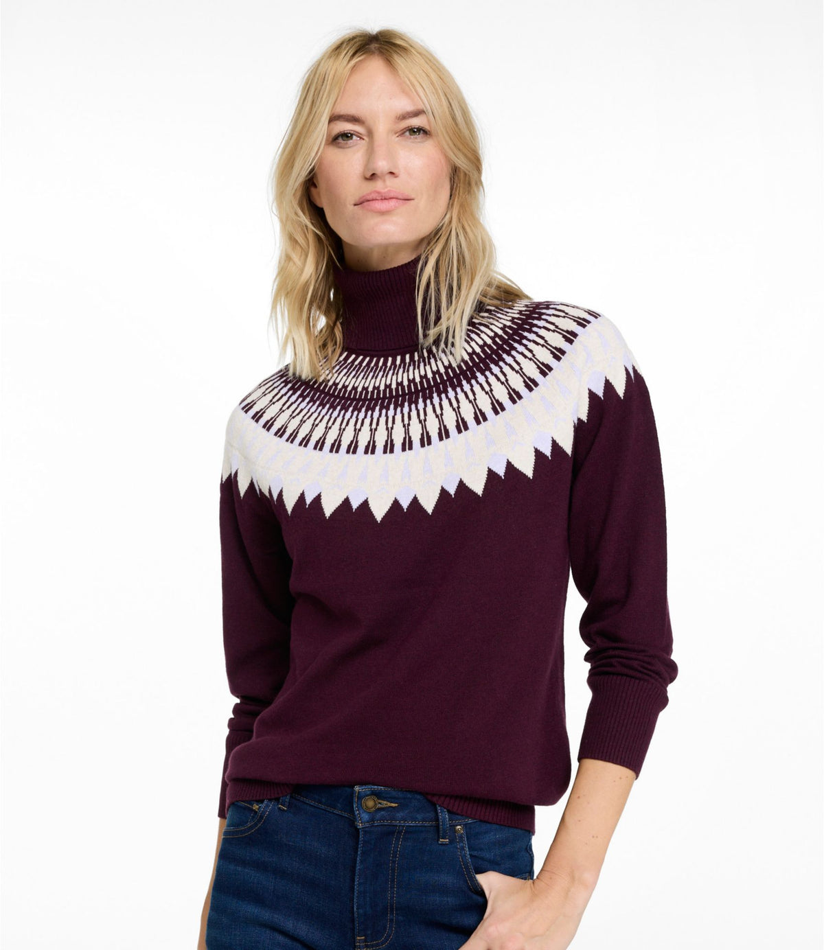 L.L.Bean Women's Cotton/Cashmere Sweater, Turtleneck Fair Isle Fig Fair Isle