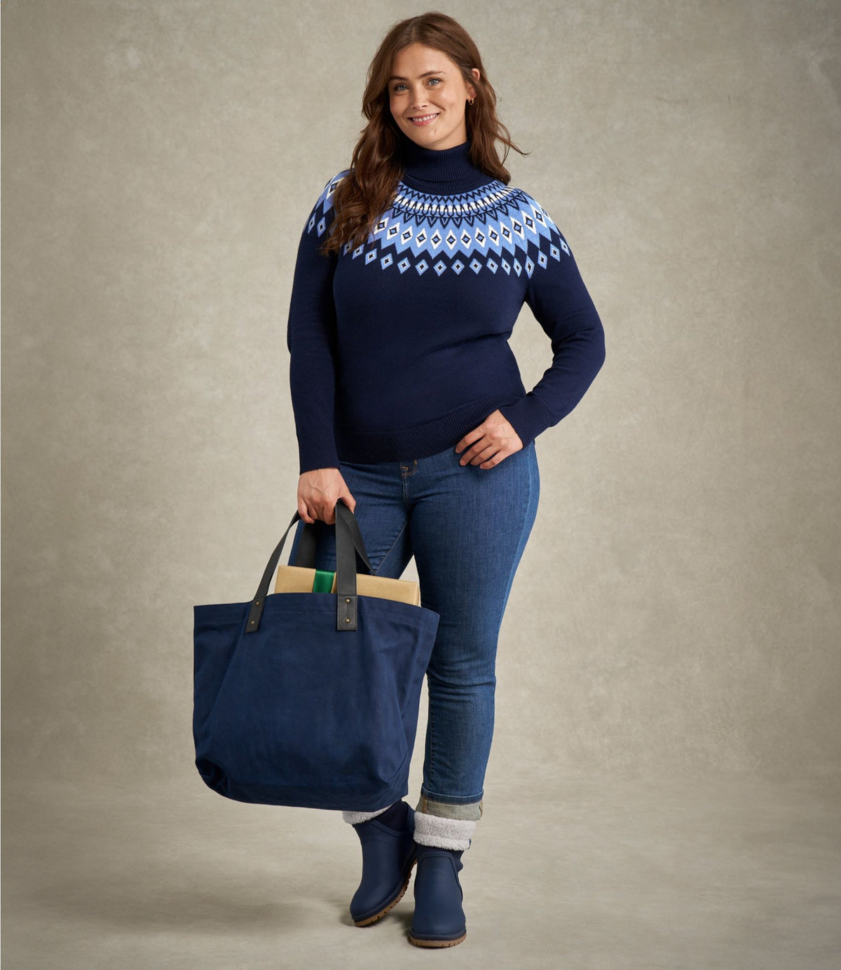 L.L.Bean Women's Cotton/Cashmere Sweater, Turtleneck Fair Isle Fig Fair Isle