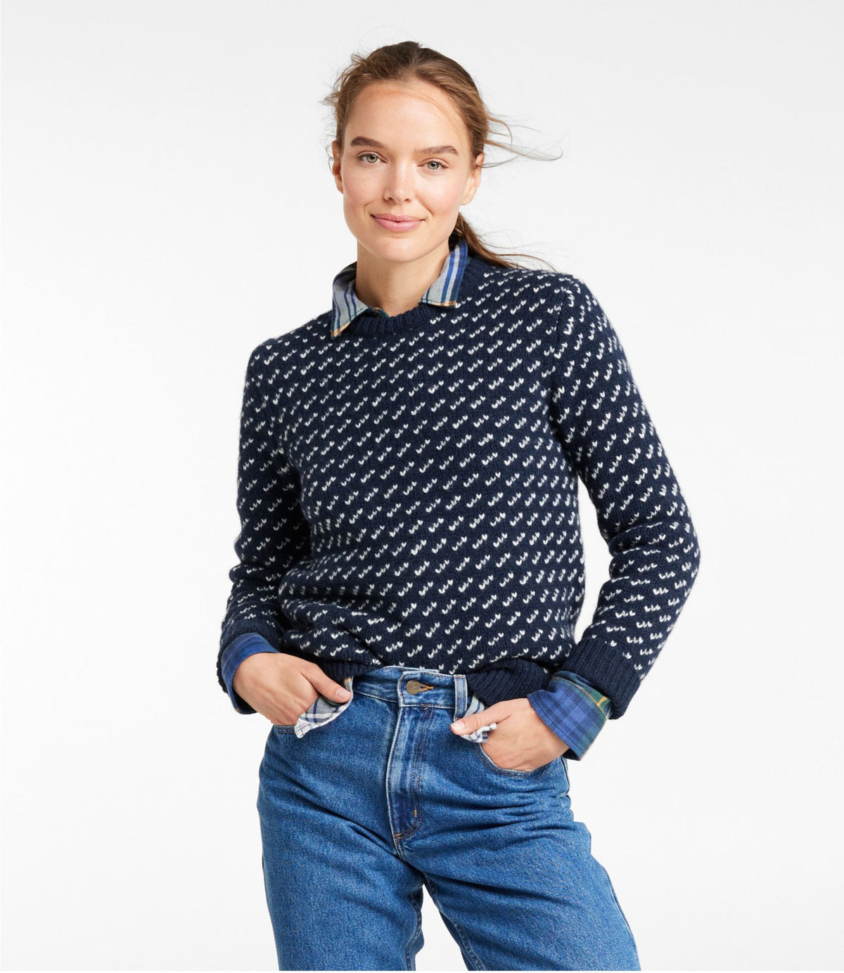 L.L.Bean Women's Bean's Classic Ragg Wool Sweater, Crewneck Bird's-Eye Classic Navy/Light Gray Heather Birdseye