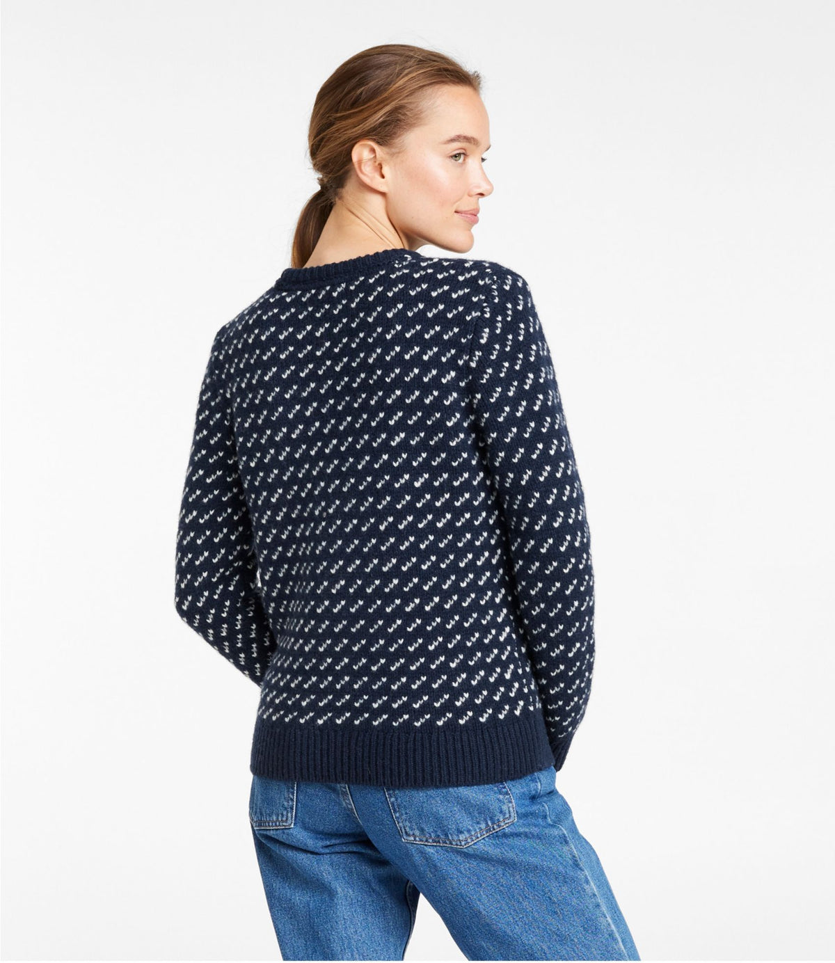 L.L.Bean Women's Bean's Classic Ragg Wool Sweater, Crewneck Bird's-Eye Classic Navy/Light Gray Heather Birdseye