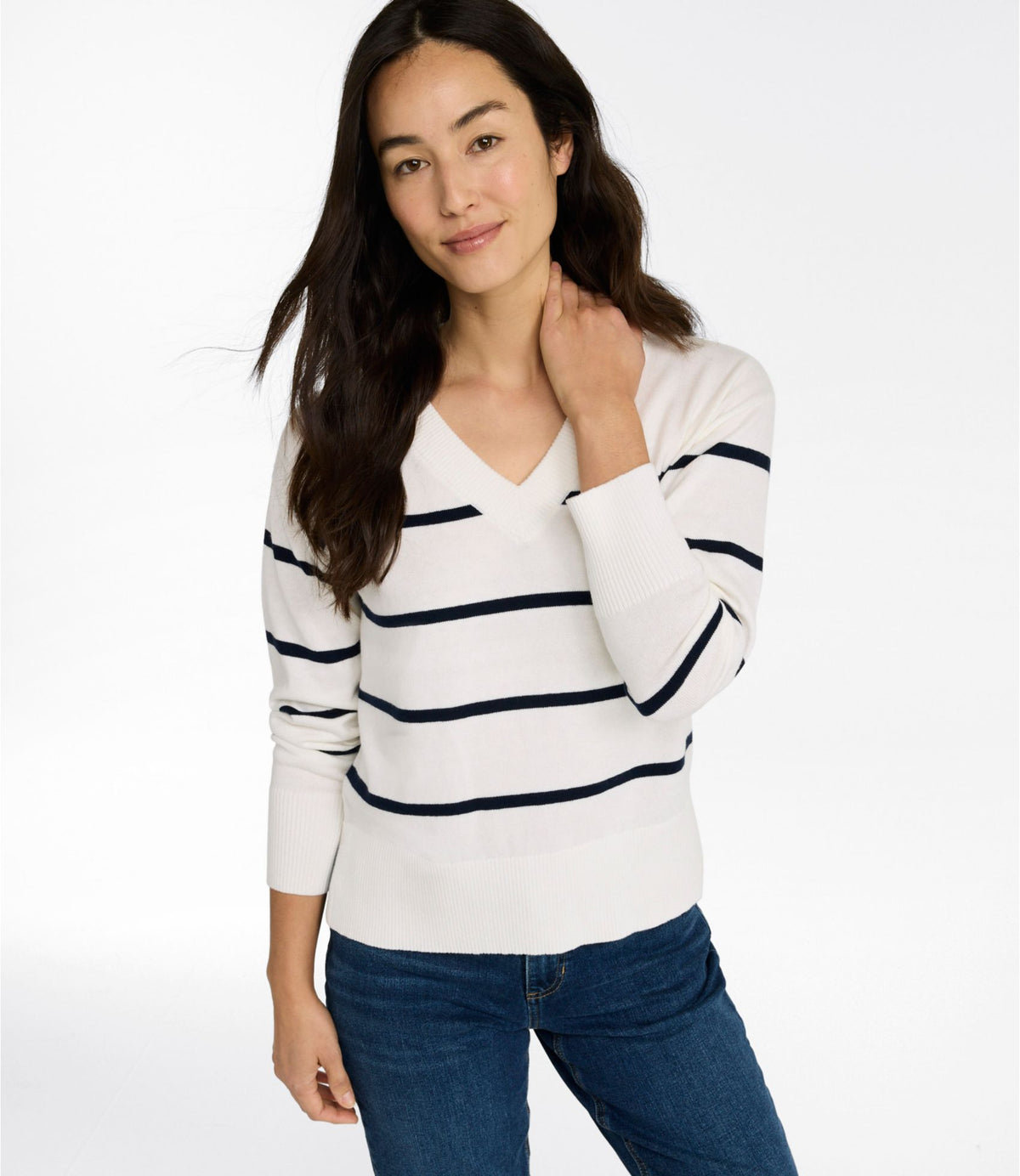 L.L.Bean Women's Cotton/Cashmere Sweater, V-Neck Stripe Khaki/Sea Salt Stripe