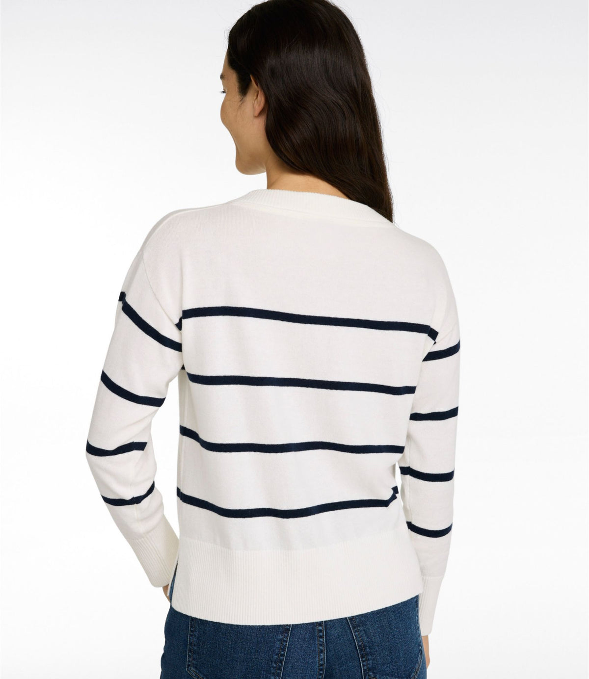 L.L.Bean Women's Cotton/Cashmere Sweater, V-Neck Stripe Khaki/Sea Salt Stripe