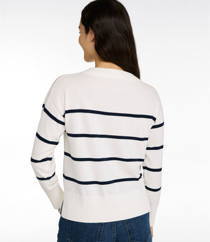 L.L.Bean Women's Cotton/Cashmere Sweater, V-Neck Stripe Khaki/Sea Salt Stripe
