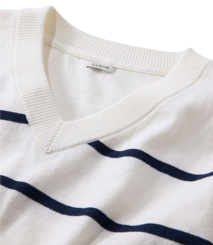 L.L.Bean Women's Cotton/Cashmere Sweater, V-Neck Stripe Khaki/Sea Salt Stripe