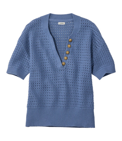 L.L.Bean Women's Sunwashed Openwork Sweater, Short-Sleeve Henley Deep Lake