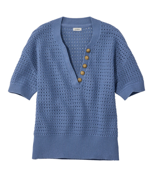 L.L.Bean Women's Sunwashed Openwork Sweater, Short-Sleeve Henley Deep Lake