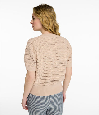 L.L.Bean Women's Sunwashed Openwork Sweater, Short-Sleeve Henley Deep Lake