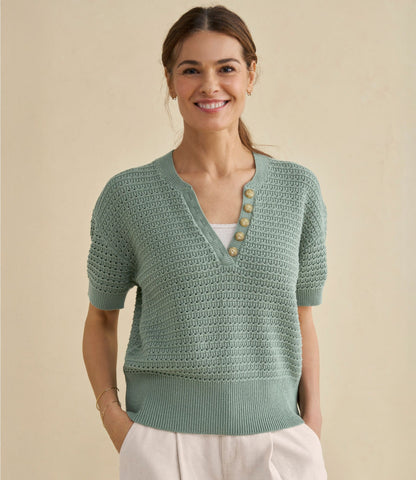 L.L.Bean Women's Sunwashed Openwork Sweater, Short-Sleeve Henley Deep Lake