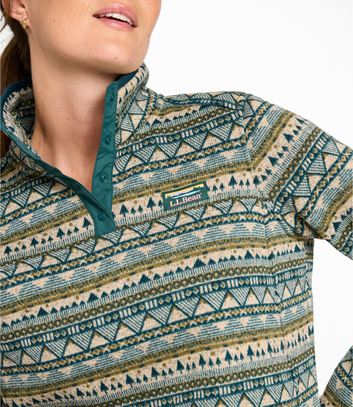 L.L.Bean Women's L.L.Bean Sweater Fleece Pullover, Print Classic Navy Vintage Snowflake