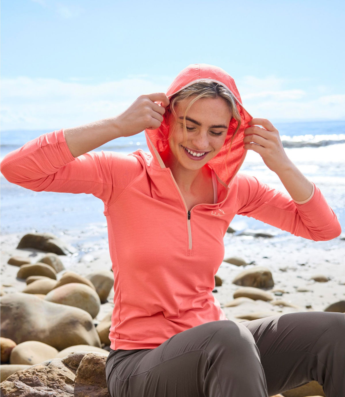 L.L.Bean Women's SunSmart Coolpro Half Zip Hoodie Reef Coral