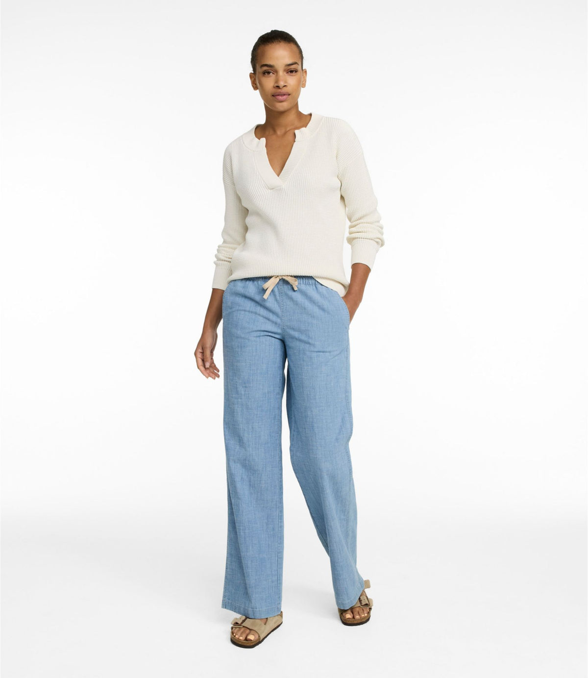L.L.Bean Women's Lakewashed Pull-On Chinos, Mid-Rise Wide-Leg Chambray Chambray