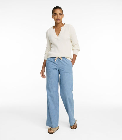 L.L.Bean Women's Lakewashed Pull-On Chinos, Mid-Rise Wide-Leg Chambray Chambray
