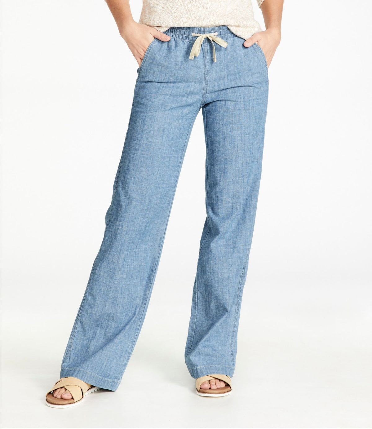 L.L.Bean Women's Lakewashed Pull-On Chinos, Mid-Rise Wide-Leg Chambray Chambray