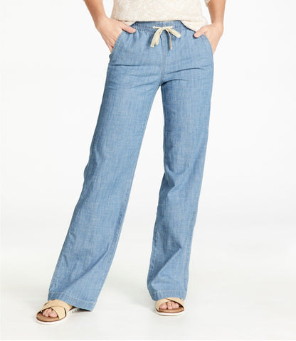 L.L.Bean Women's Lakewashed Pull-On Chinos, Mid-Rise Wide-Leg Chambray Chambray