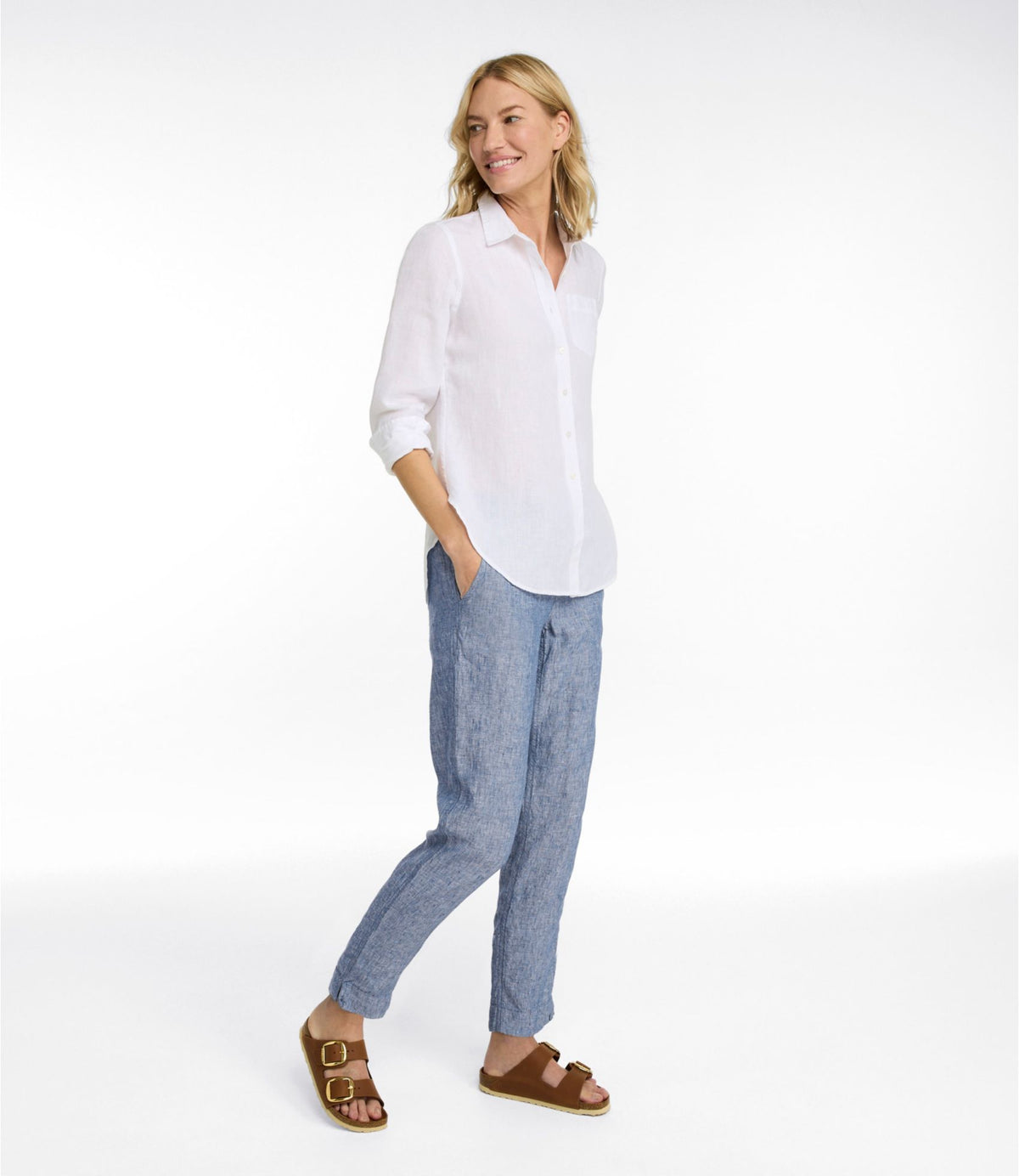 L.L.Bean Women's Premium Linen Pull-On Ankle Pants, Mid-Rise Tapered-Leg Bright Mariner