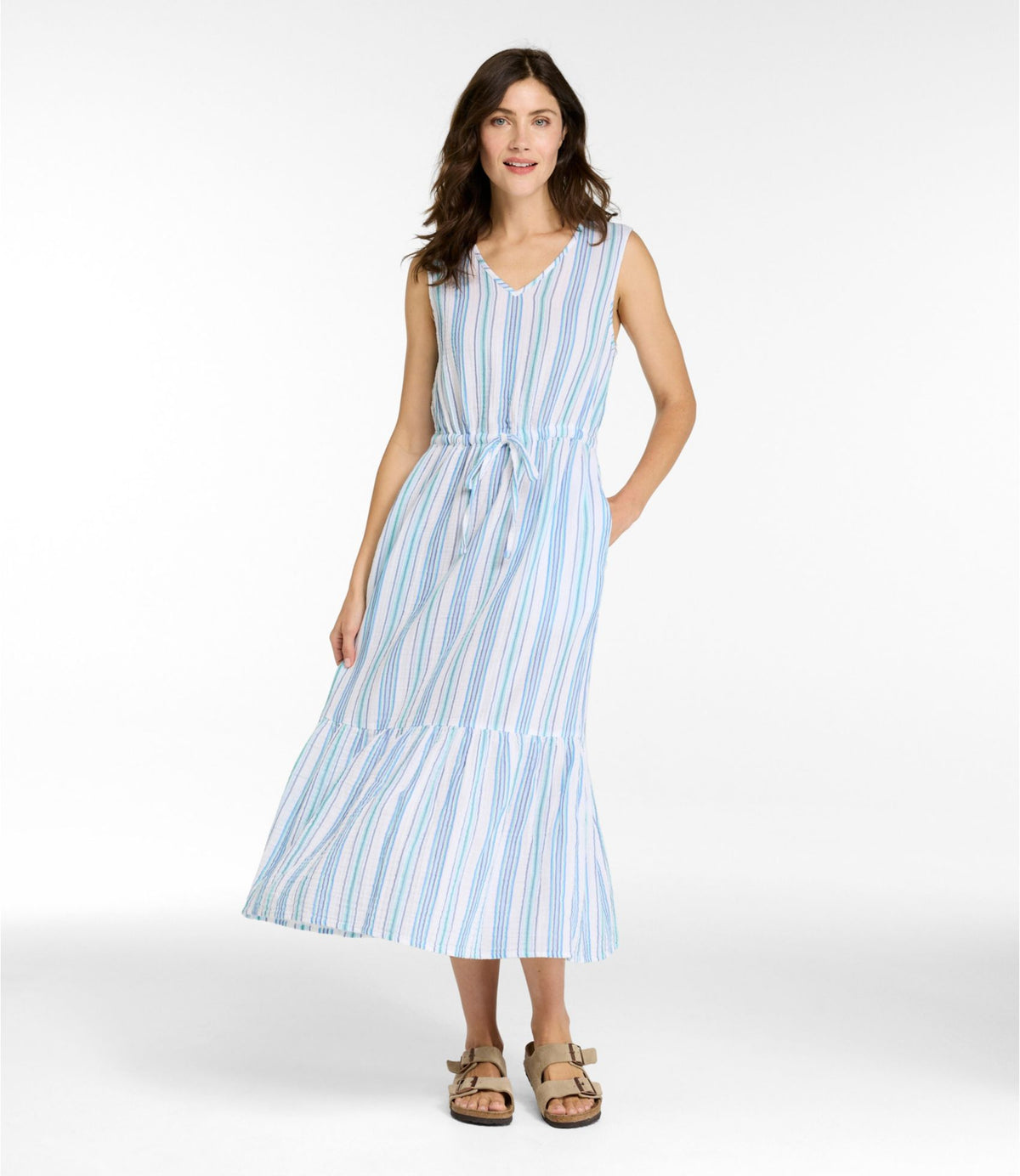 L.L.Bean Women's Cloud Gauze Midi Dress, Stripe Dark Salmon Multi Stripe