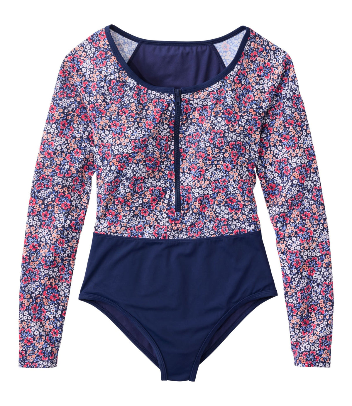 L.L.Bean Women's Coastal Essentials Swimwear, Long-Sleeve Tanksuit Print Darkest Navy Ditsy Floral