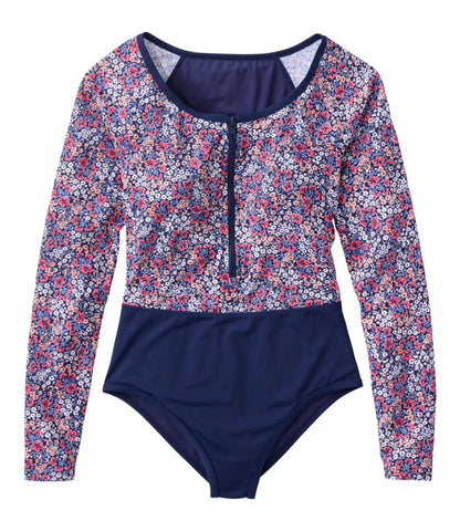 L.L.Bean Women's Coastal Essentials Swimwear, Long-Sleeve Tanksuit Print Darkest Navy Ditsy Floral