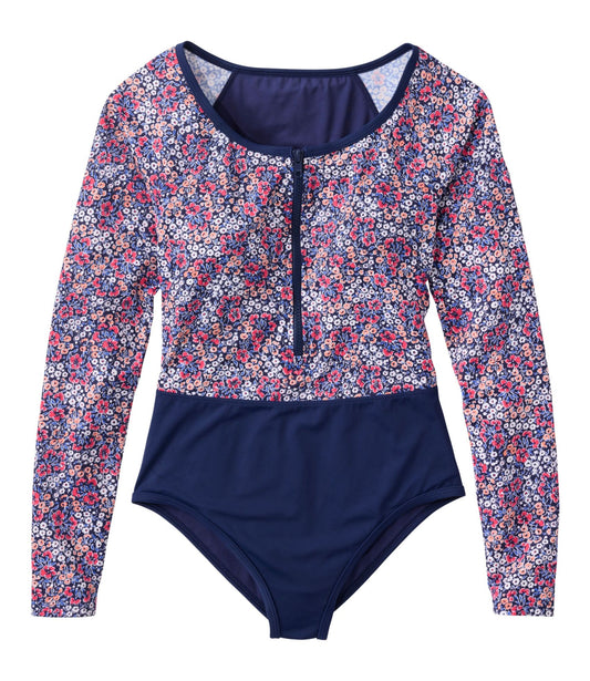 L.L.Bean Women's Coastal Essentials Swimwear, Long-Sleeve Tanksuit Print Darkest Navy Ditsy Floral