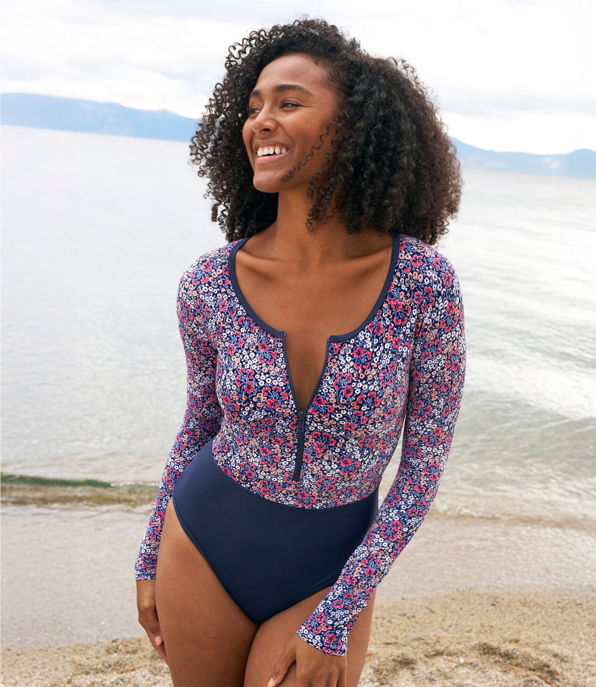 L.L.Bean Women's Coastal Essentials Swimwear, Long-Sleeve Tanksuit Print Darkest Navy Ditsy Floral