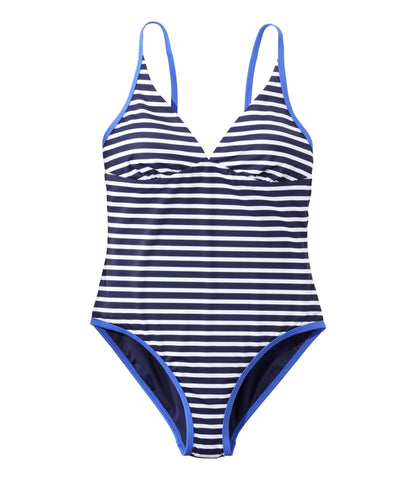 L.L.Bean Women's Coastal Essentials Swimwear, V-Neck Tanksuit Print Darkest Navy Sailor Stripe
