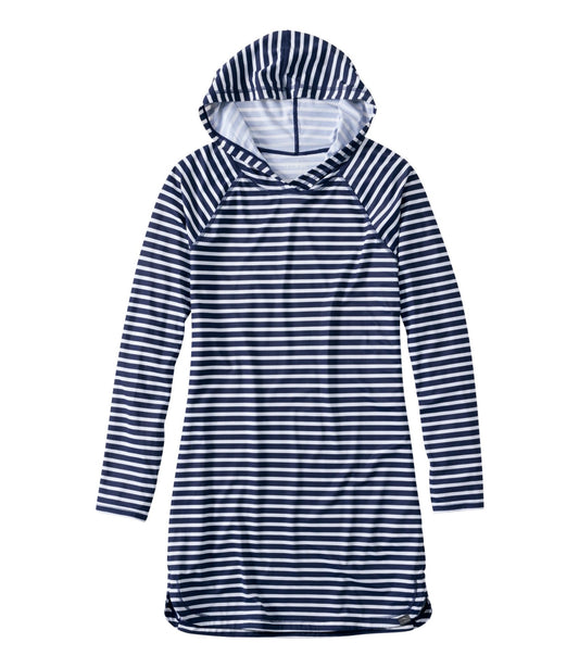 L.L.Bean Women's SunSmart® UPF 50+ Sun Shirt, Hooded Tunic Print Darkest Navy Sailor Stripe