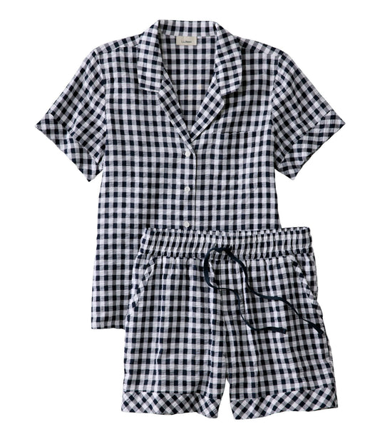 L.L.Bean Women's Bean's Seacoast Seersucker Short Set Classic Navy Gingham