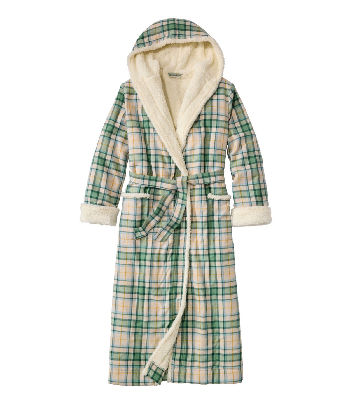L.L.Bean Women's Scotch Plaid Flannel Robe, Sherpa-Lined Long Bean of Freeport Green