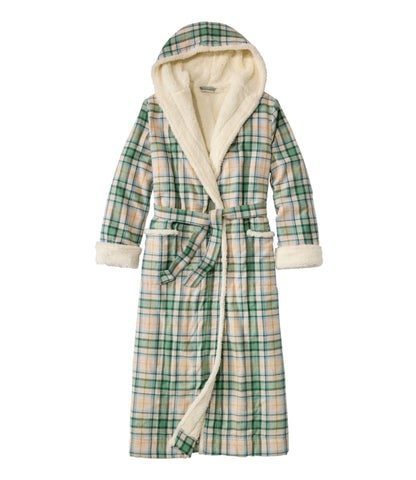 L.L.Bean Women's Scotch Plaid Flannel Robe, Sherpa-Lined Long Bean of Freeport Green
