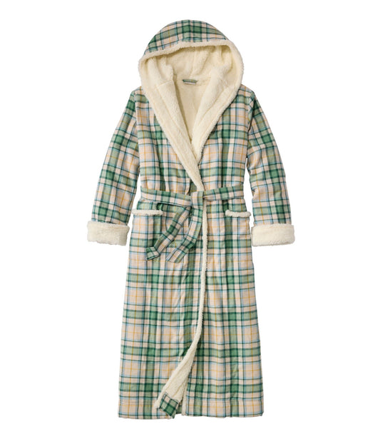 L.L.Bean Women's Scotch Plaid Flannel Robe, Sherpa-Lined Long Bean of Freeport Green