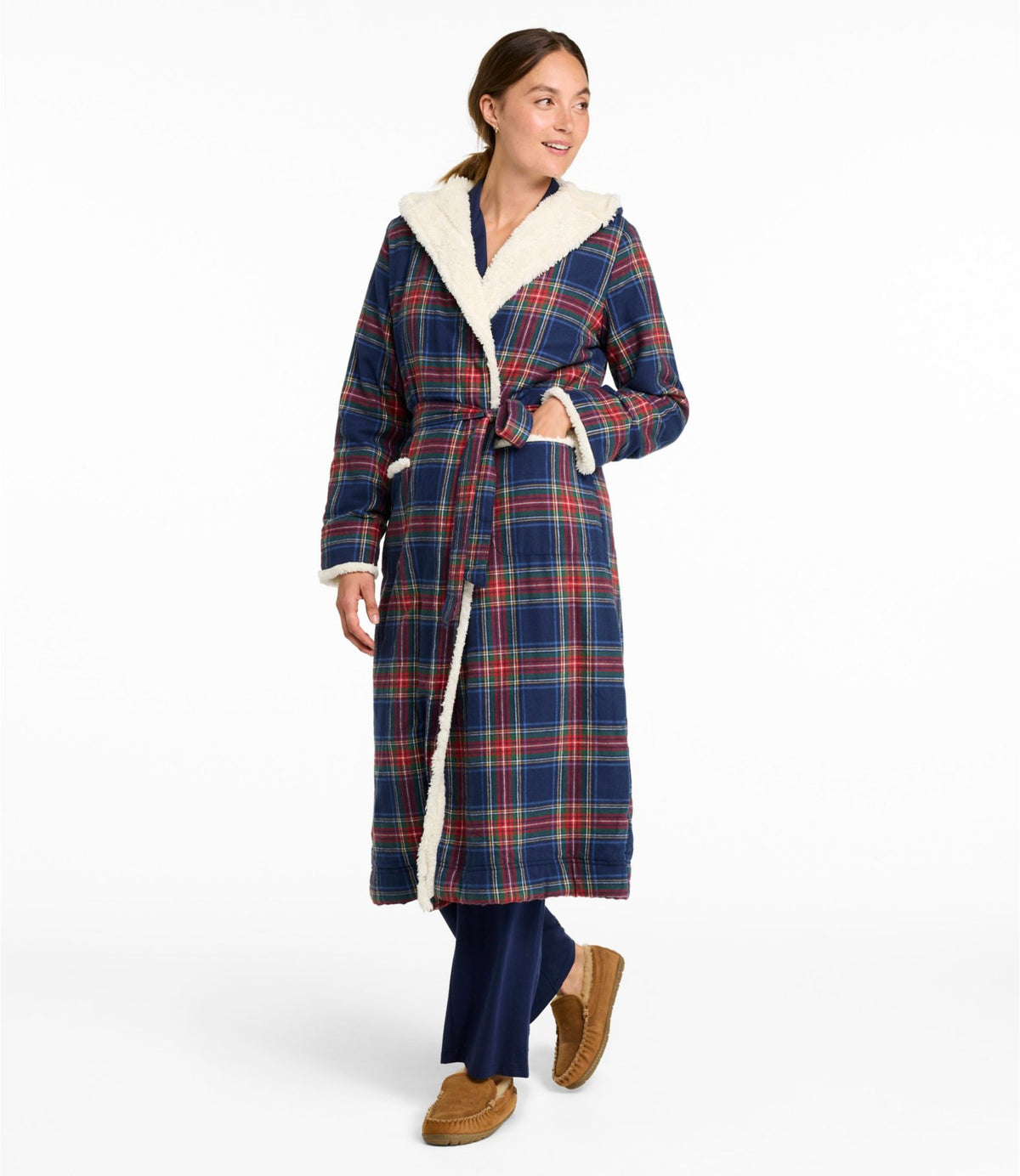 L.L.Bean Women's Scotch Plaid Flannel Robe, Sherpa-Lined Long Bean of Freeport Green