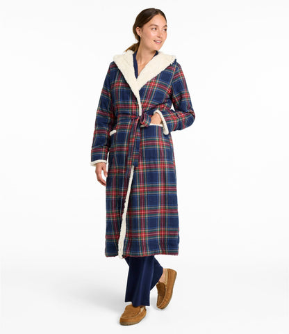 L.L.Bean Women's Scotch Plaid Flannel Robe, Sherpa-Lined Long Bean of Freeport Green