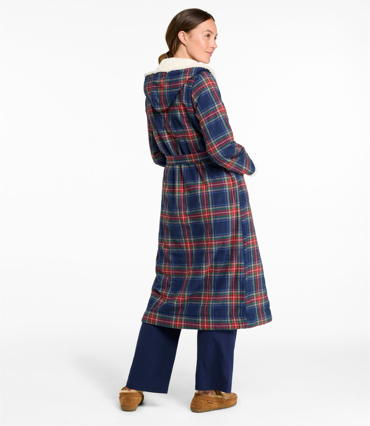 L.L.Bean Women's Scotch Plaid Flannel Robe, Sherpa-Lined Long Bean of Freeport Green