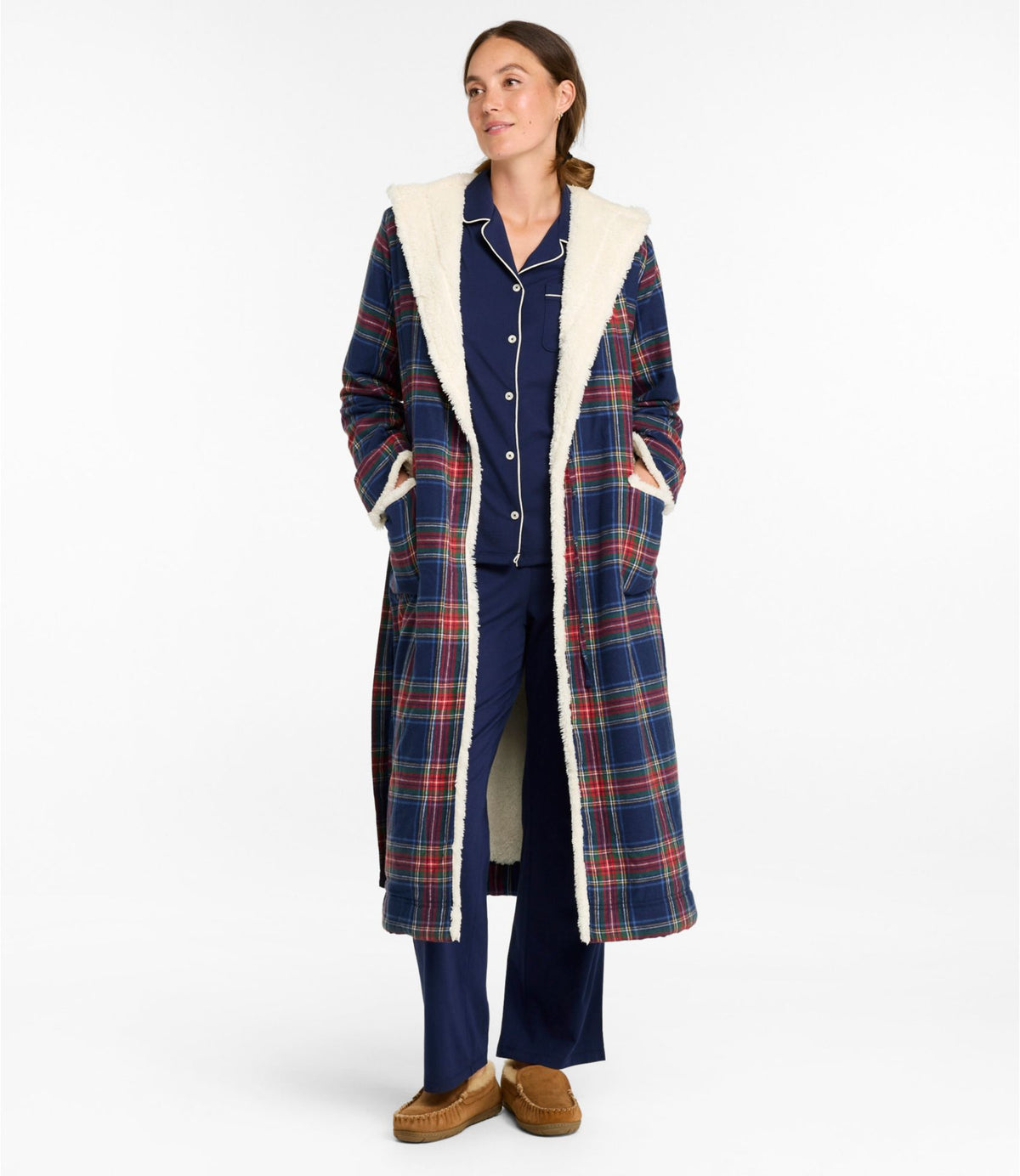L.L.Bean Women's Scotch Plaid Flannel Robe, Sherpa-Lined Long Bean of Freeport Green
