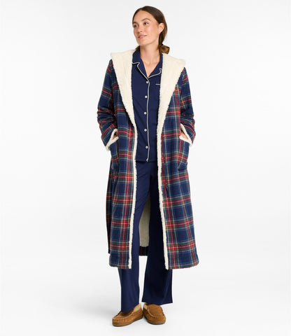 L.L.Bean Women's Scotch Plaid Flannel Robe, Sherpa-Lined Long Bean of Freeport Green
