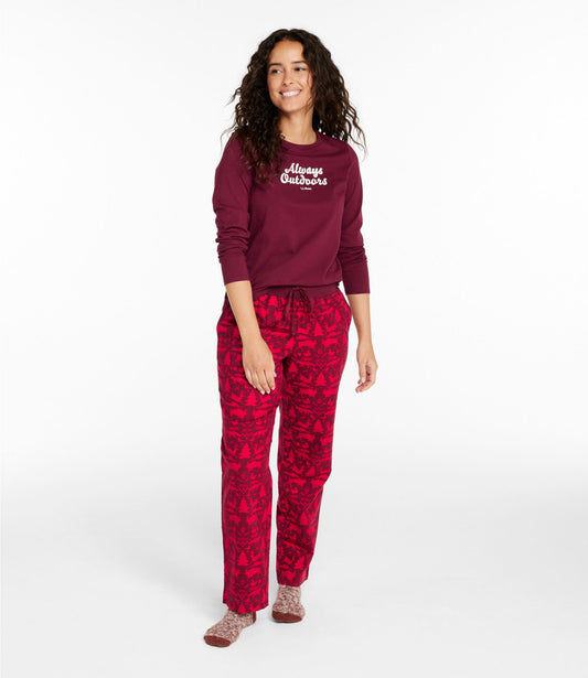 L.L.Bean Women's L.L.Bean Camp PJ Set Deep Rosewood Festive Scene