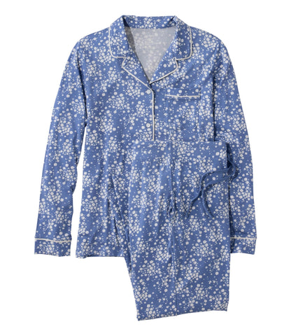 L.L.Bean Women's Super-Soft Shrink-Free Pajama Set, Button-Front Deep Lake Floral