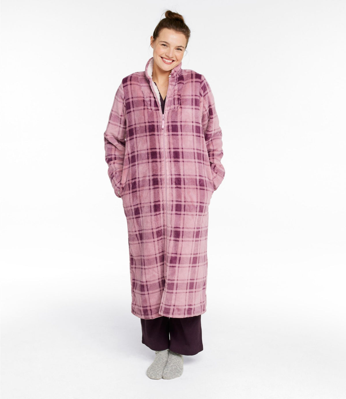 L.L.Bean Women's Wicked Plush Robe, Full-Zip Washed Orchid Plaid