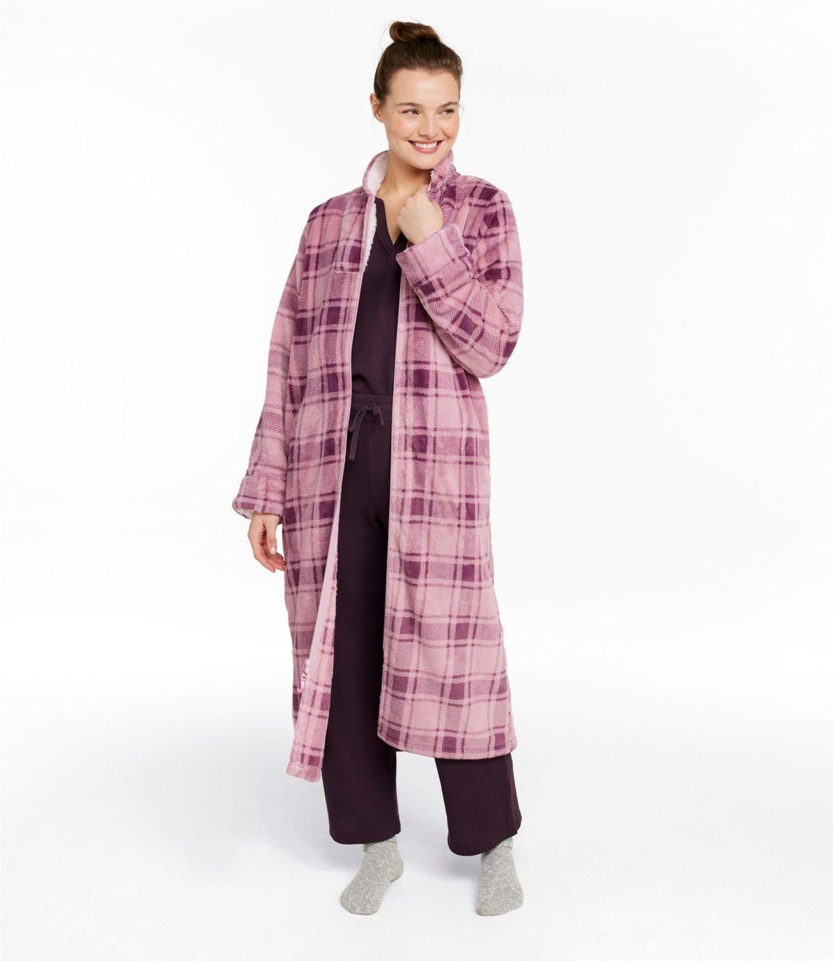 L.L.Bean Women's Wicked Plush Robe, Full-Zip Washed Orchid Plaid