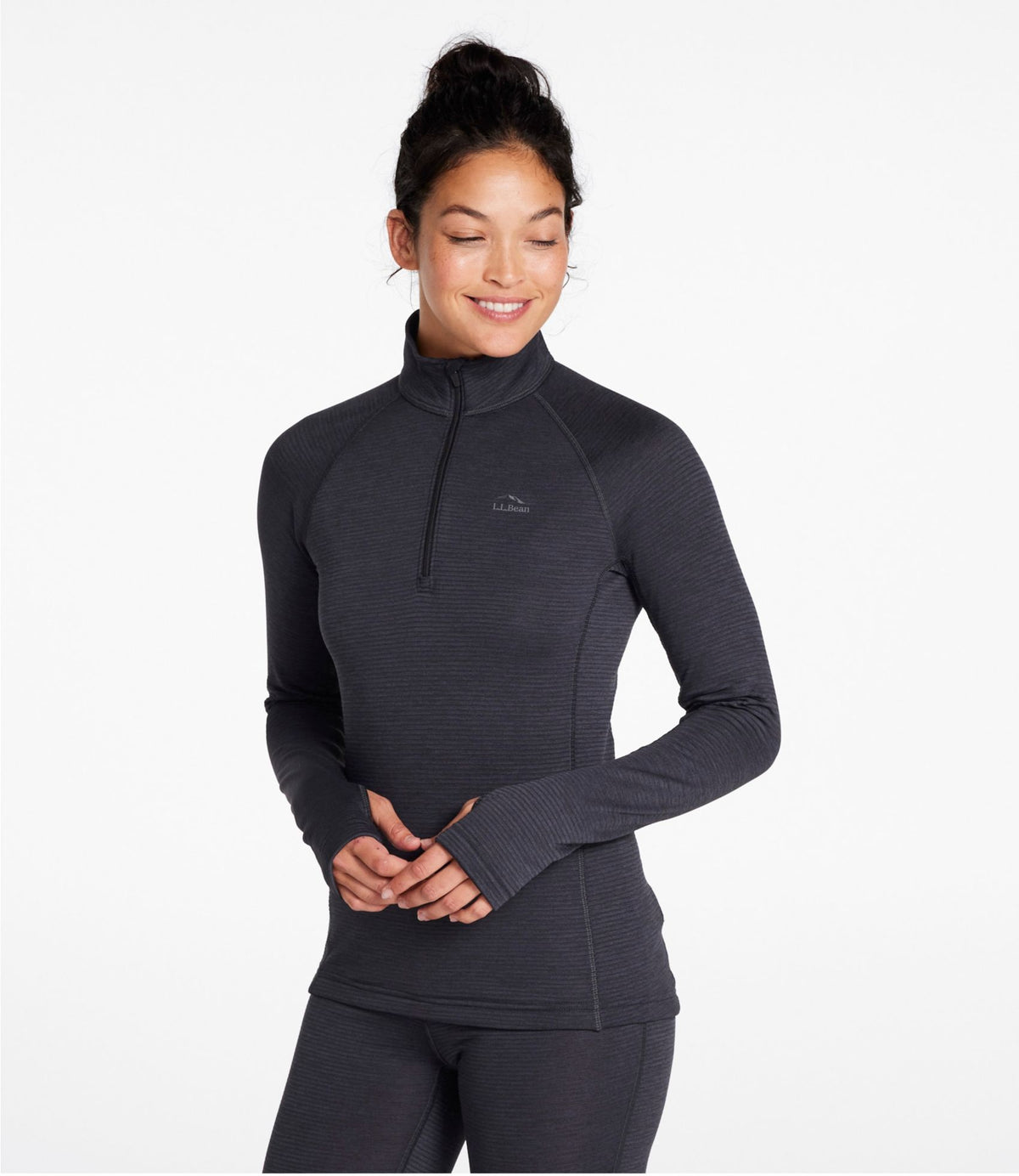 L.L.Bean Women's L.L.Bean Midweight Base Layer Crew Top, 1/4 Zip Carbon Navy