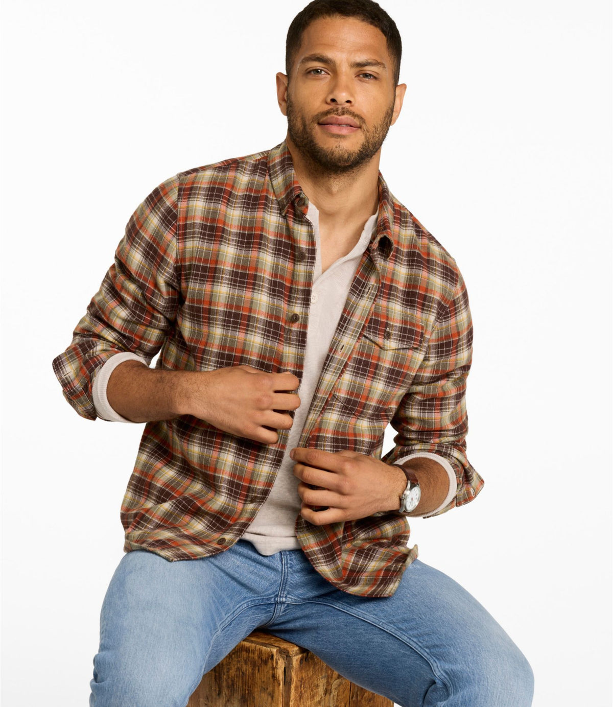 L.L.Bean Men's Signature Brushed Herringbone Shirt Camping Scenic