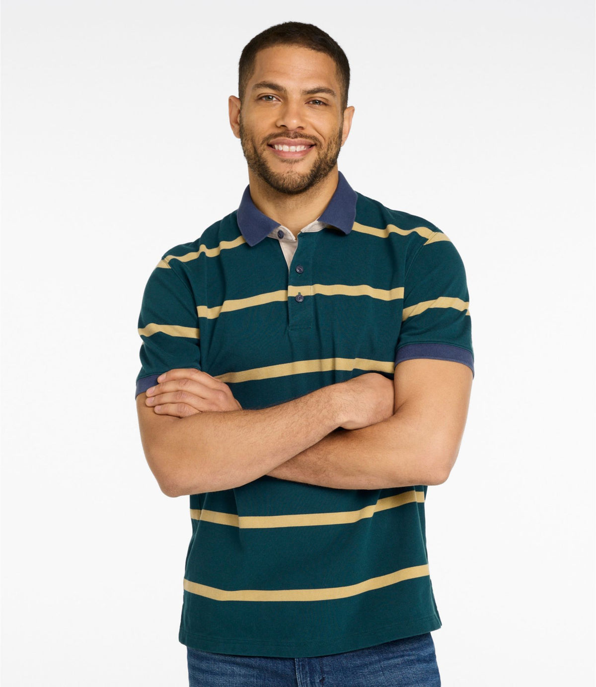 L.L.Bean Men's Casco Bay Rugged Polo, Short-Sleeve, Stripe Deepest Green Stripe