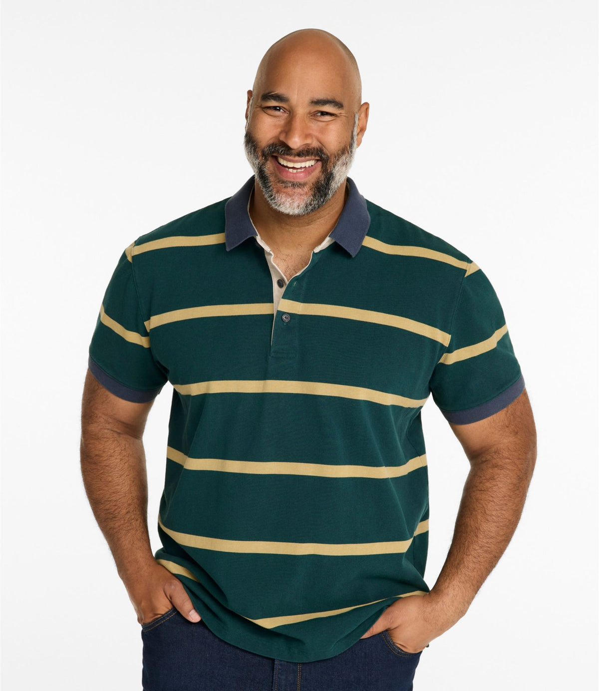 L.L.Bean Men's Casco Bay Rugged Polo, Short-Sleeve, Stripe Deepest Green Stripe