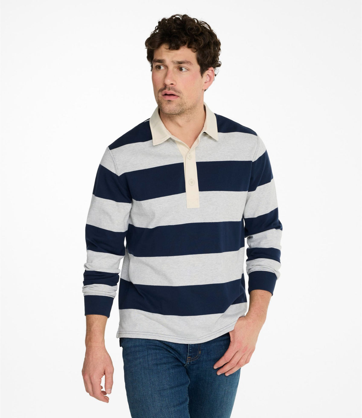 L.L.Bean Men's Bean's Vintage Soft Rugby, Stripe Classic Navy/Gray Heather