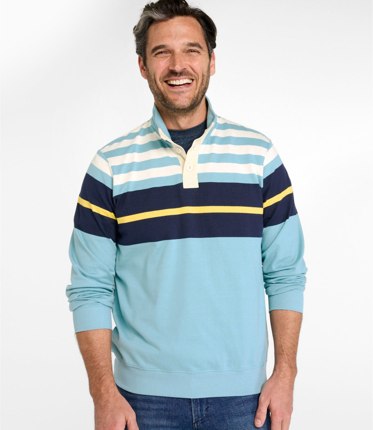 L.L.Bean Men's Bean's Vintage Soft Rugby, Mockneck, Chest Stripe Deep Blue Multi