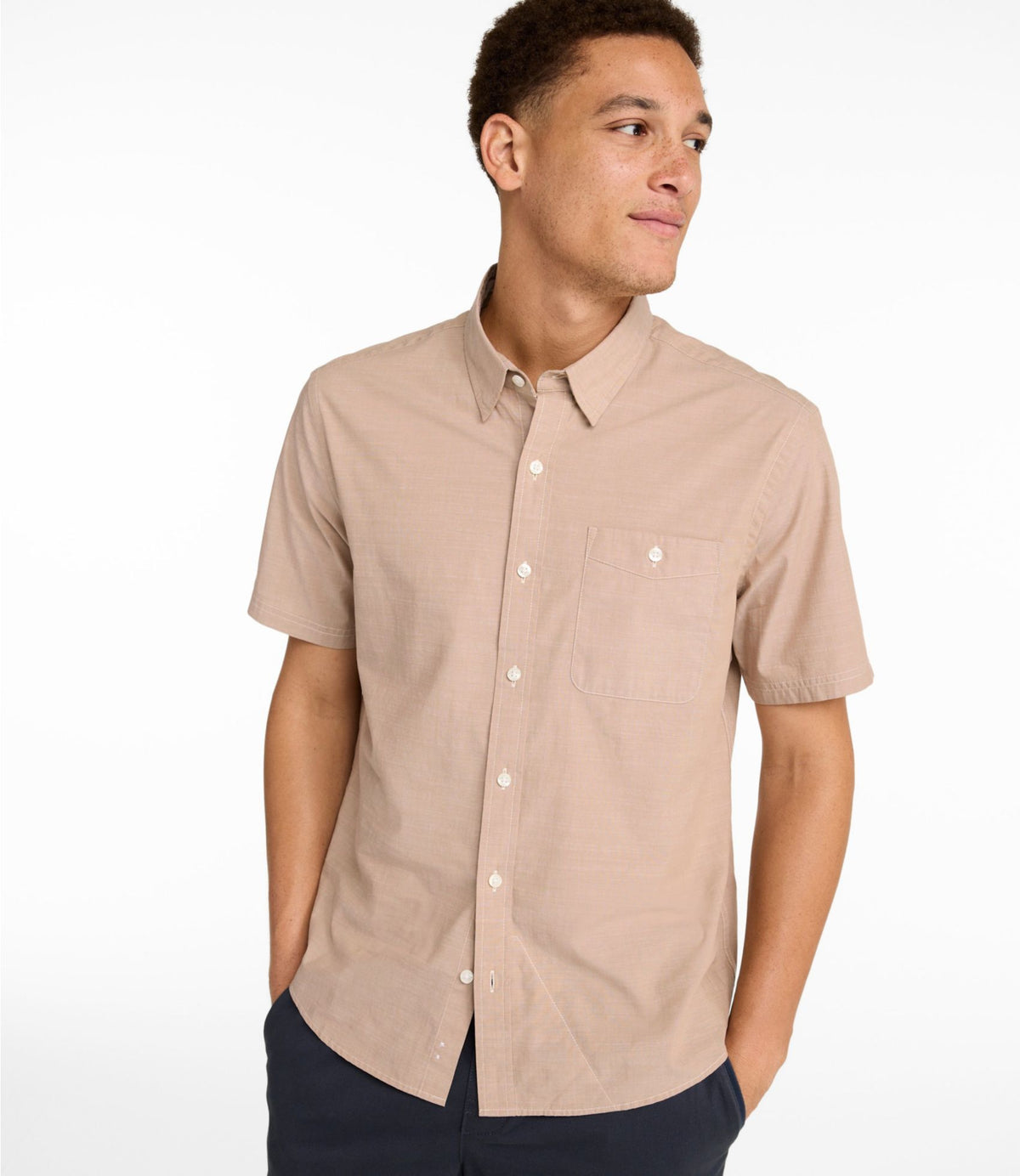 L.L.Bean Men's Comfort Stretch Performance® Chambray Shirt, Short-Sleeve, Slightly Fitted Untucked Fit Camel Brown