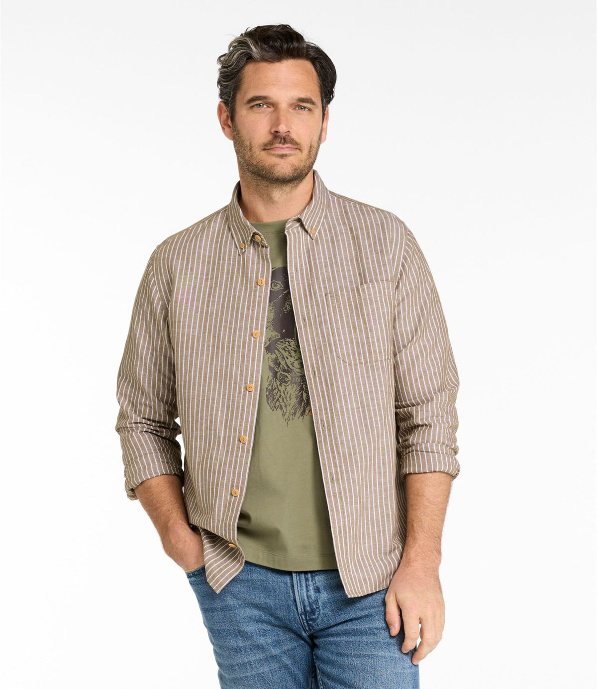 L.L.Bean Men's Signature Wharfside Linen Blend Shirt Canyon Khaki Stripe