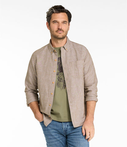 L.L.Bean Men's Signature Wharfside Linen Blend Shirt Canyon Khaki Stripe