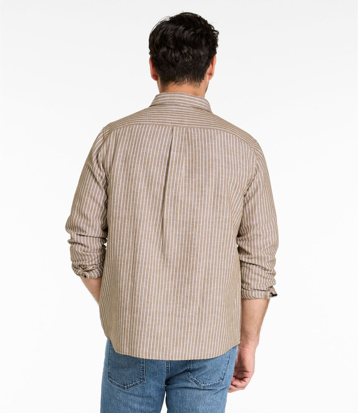 L.L.Bean Men's Signature Wharfside Linen Blend Shirt Canyon Khaki Stripe