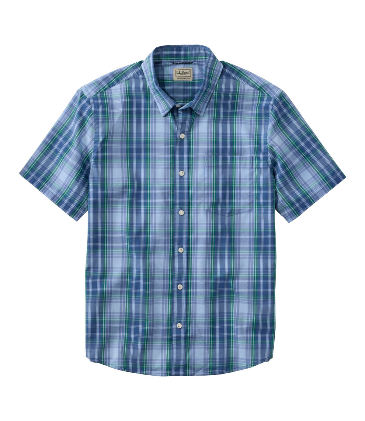 L.L.Bean Men's Comfort Stretch Performance® Shirt, Short-Sleeve, Slightly Fitted Untucked Fit, Plaid Blue Tide